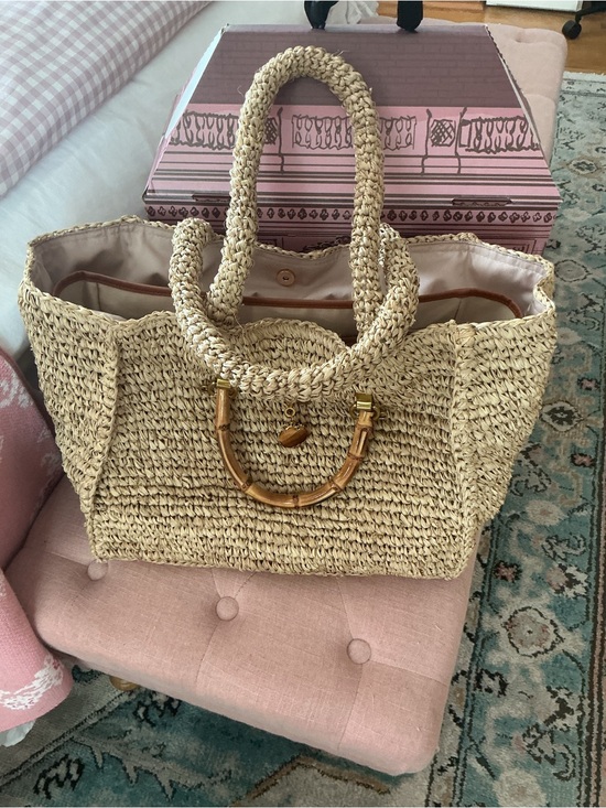 Mme.Mink Handbags - MME Mink Astrud Woven Straw Tote Bag with Bamboo Handles - Natural